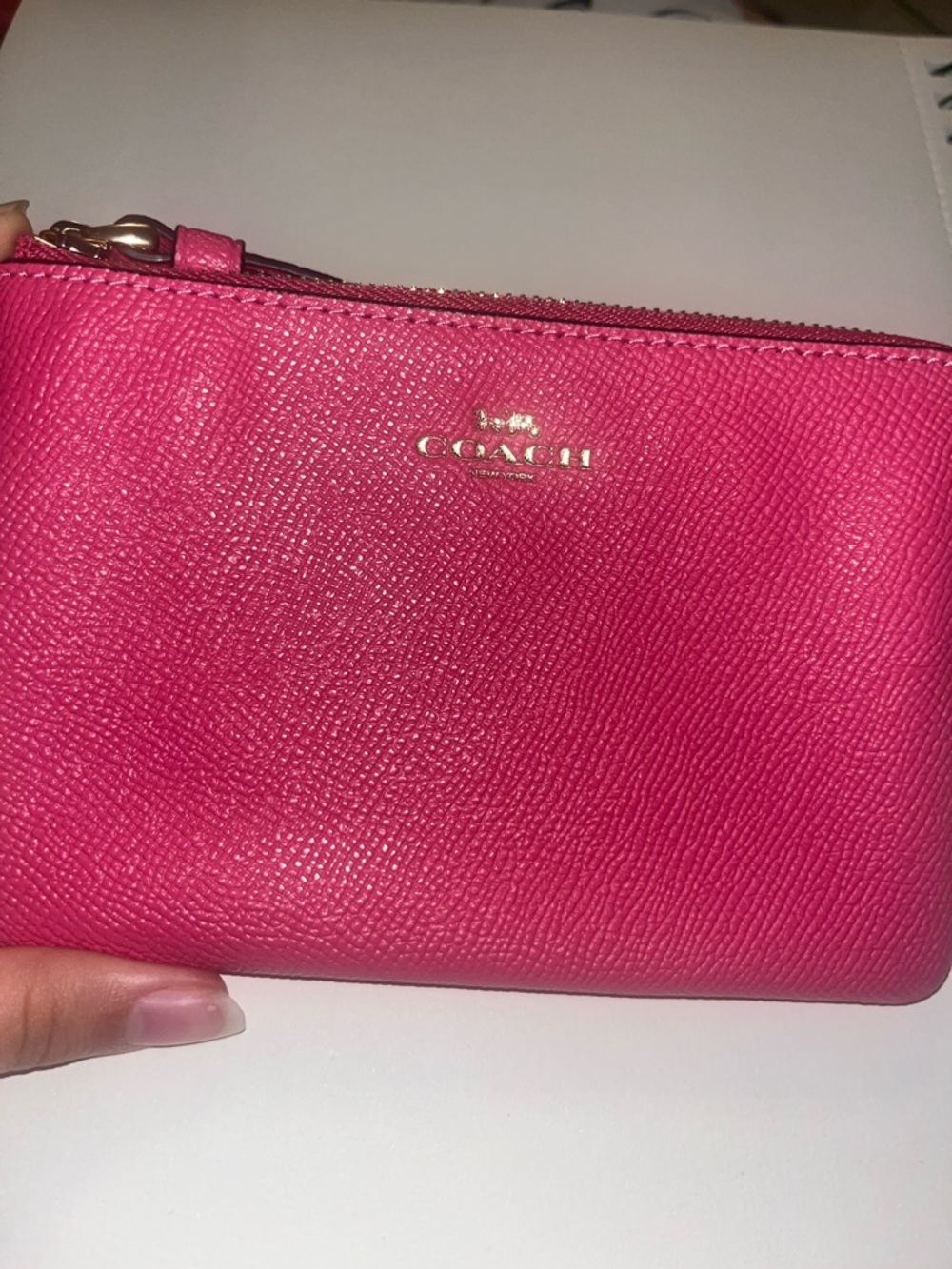 COACH Hot Pink Pebbled Leather Zip Pouch with Gold Logo